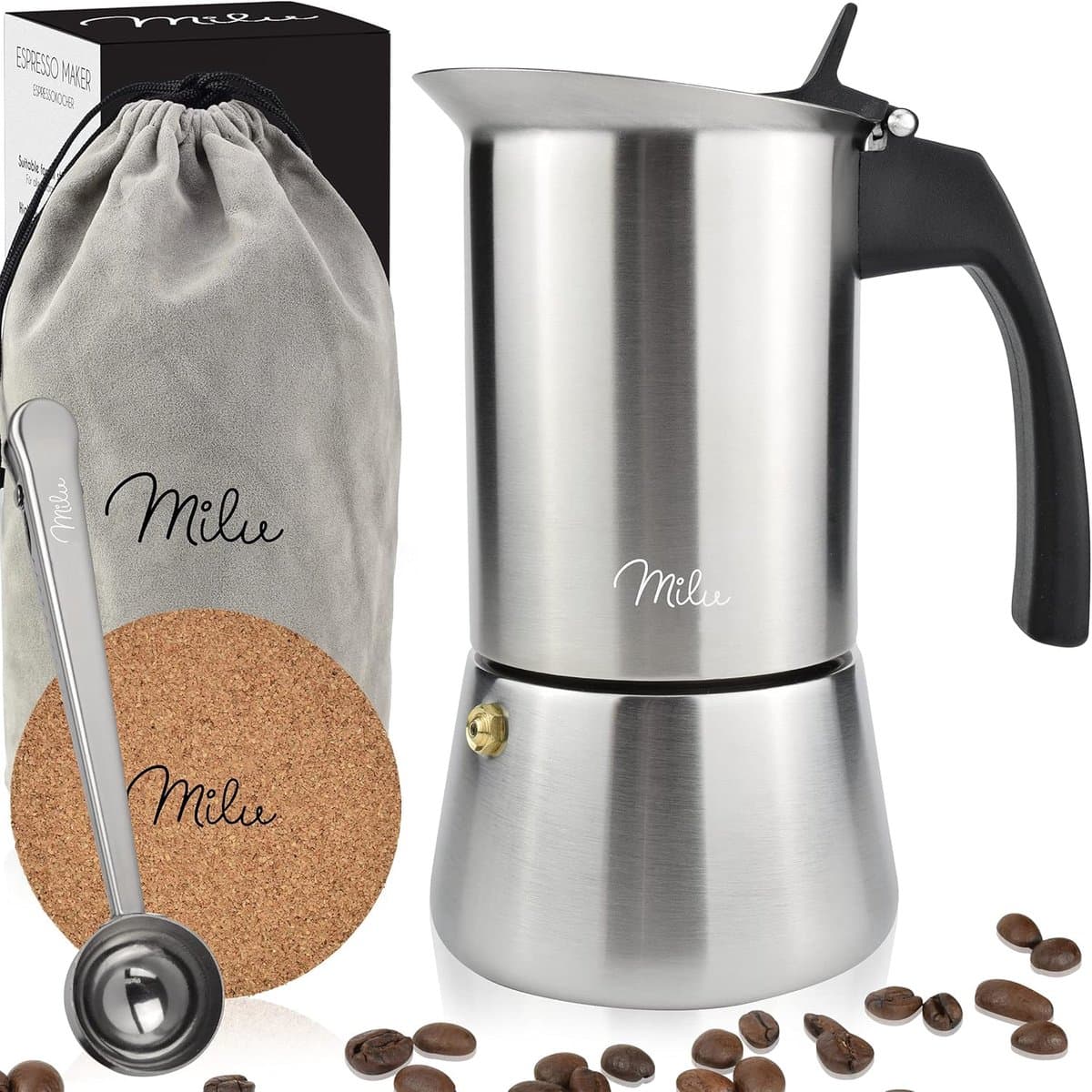 Milu Percolator| 2, 4, 6, 9 Koffiekopjes | RVS Espresso Maker met Onderzetter, Lepel en Borstel | 100ml / 2 Kopjes Moka Pot — afbeelding 1