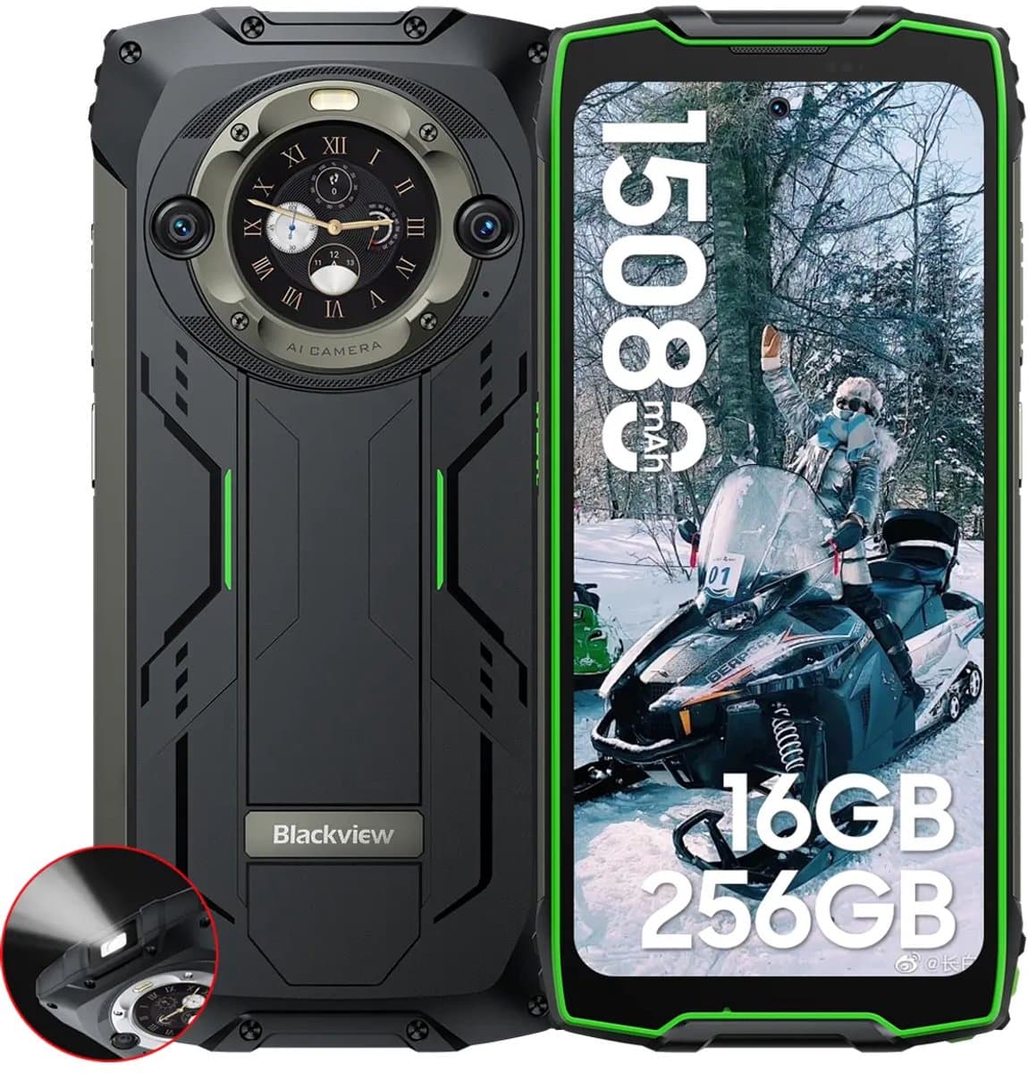 Blackview BV9300 Pro - Robuuste Smartphone - 16GB RAM - 256GB - 15080mAh - 120Hz 6.7" FHD - Dual 4G LTE - 64MP+32MP - IP68 Waterdicht - 1.32" Achterkant Dsiplay - NFC - GPS - Groen — afbeelding 1