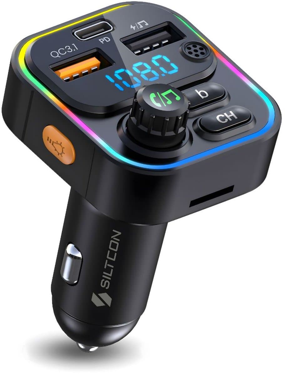 Siltcon® Bluetooth Transmitter – Fm Transmitter - Bluetooth Auto - USB-C lader 22.5W - Carkit - USB-A - SD Kaart - BT 5.3 - 2026 model — afbeelding 1