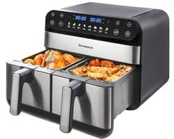 Digitale Airfryer XXL 10L Sinaopus 920 – Heteluchtfriteuse met Dubbele Mand en DualMand Onafhankelijke Snelle Opwarming – Voor Gezinnen – 8 Programma’s – LED Touchscreen – Kijkvenster – Makkelijk te Reinigen – Capaciteit voor 7 Personen