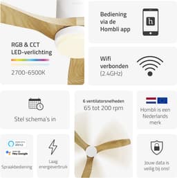 Hombli Slimme Plafondventilator met verlichting - Ø132 cm - Incl. Afstandsbediening - Wit & Licht Hout — thumbnail 3