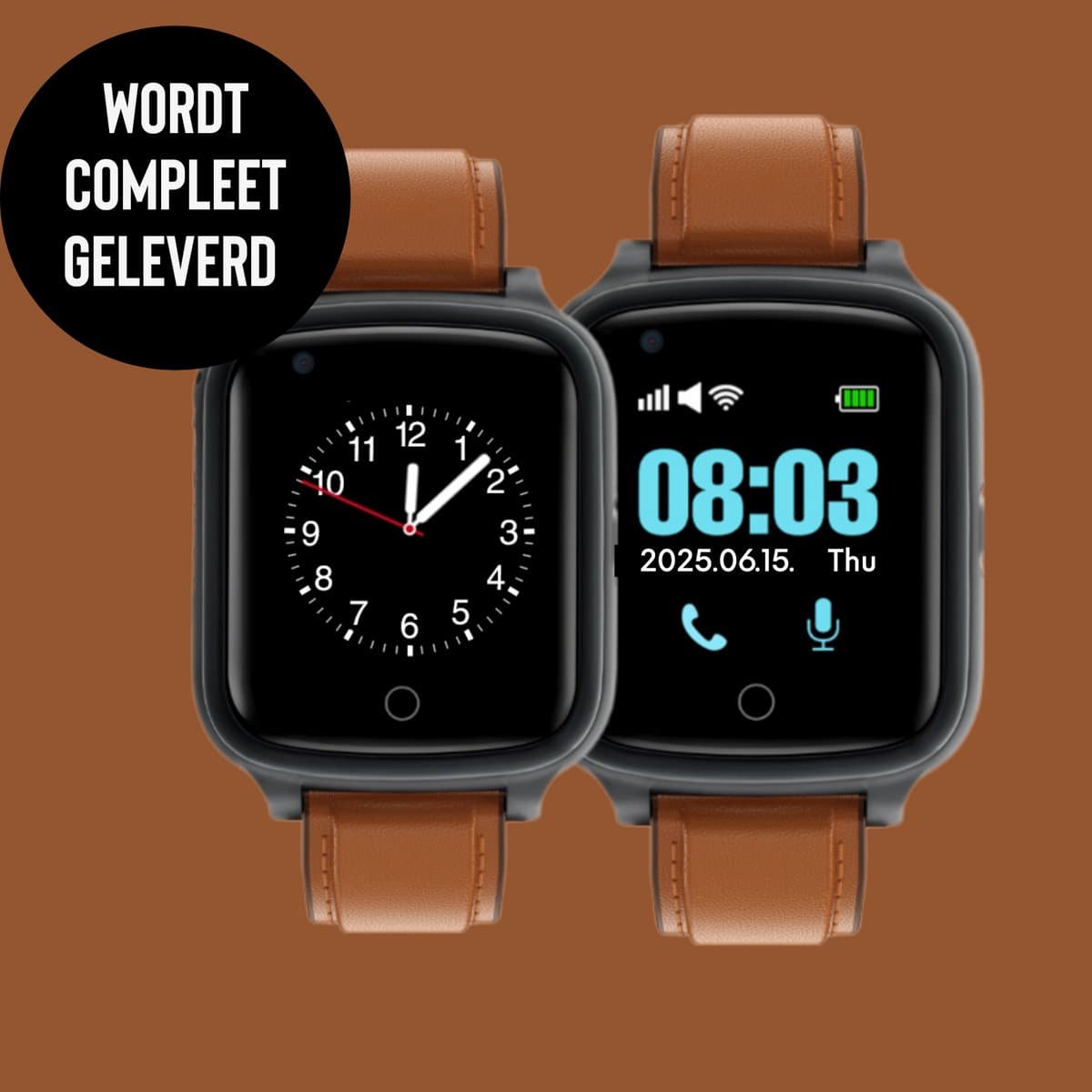 Weewise WS80 - GPS Horloge Senior - Smartwatch voor Ouderen - Persoonlijke alarmen - alarm horloge ouderen - GPS Horloge Alzheimer - Valdetectie - Bruin — afbeelding 1
