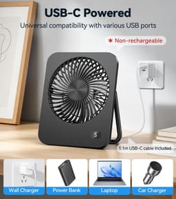 Tafelventilator Stil – USB Ventilator Zonder Accu – 5 Snelheden – 180° Verstelbaar – Zwart — thumbnail 5