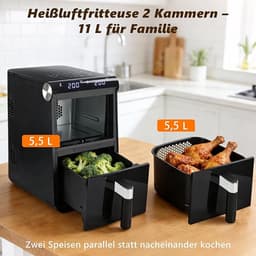 NETTLIFE Airfryer Dubbele Kamer 11L - 2800W - 13-in-1 Hetelucht Friteuse - Touchscreen met Timer - Vaatwasserbestendige Manden - 2 Bakmanden - voor Gezin - Zwart — thumbnail 2