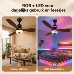 Rosnek Smart Plafondventilator met Verlichting en Bluetooth Speaker - Ø 60 cm - RGB Sfeerlicht - Stille Motor - Afstandsbediening - Dimbare LED - 3 Snelheden - Slaapkamer/Kinderkamer — thumbnail 3