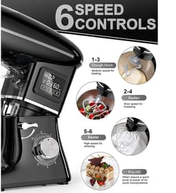 Keukenmachine 1500W - Standmixer 6,5L met LED Display - 6 Snelheden - RVS Mengkom - Zwart — thumbnail 5