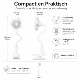 DrPhone Huasa Clip-On Tafelventilator met LED-Lamp – Flexibele Hals – Oplaadbaar – 1500 mAh – Wit — thumbnail 3