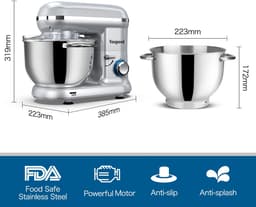 Keukenmachine 1500W – 6 Snelheden – 6L RVS Mengkom – Met Garde, Deeghaak en Menghaak — thumbnail 3