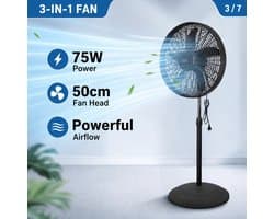 Bresht 3-in-1 Ventilator - 75W - Staand, Tafel- en Wandmodel - Drie instelbare snelheden - Zwart - Ø 50 cm - Tot 130 cm hoog