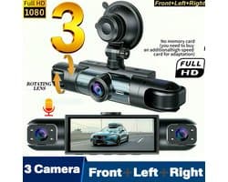 3-Camera Dashcam – 1080P Full HD Voorcamera & 720P Zijcamera's – 360° Opname met Nachtzicht en 3 Inch IPS-scherm