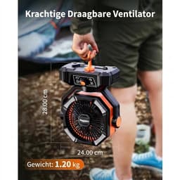 Hutjemutje - camping ventilator - ventilator - met 4 LED-lantaarn - 8 snelheden - draagbaar - met afstandsbediening - 20000 mAh batterij - zwart & oranje — thumbnail 3