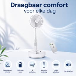 Opvouwbare Staande Ventilator – 7200 mAh – Afstandsbediening – Wit — thumbnail 4