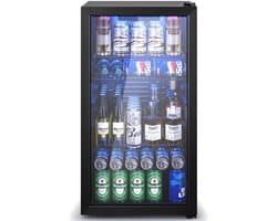 Flolife - Drankenkoelkast 90L - Drankkoeler - Minibar - Bierkoelkast - Frisdrankkoelkast - Wijnkoelkast - 126 Blikjes - Dubbel Glas - LED Verlichting - Verstelbare Planken - Zwart - Energieklasse C