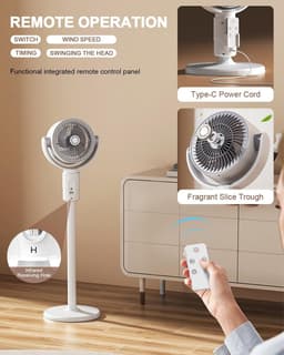 KZQ Staande Ventilator Voor Slaapkamer - Luchtcirculator - 90° En 180° Oscillerend - 5 Snelheden - 3 In 1 Vloer En Tafel Model - 38cm 60cm 82cm Verstelbare Hoogte - Met Afstandsbediening - Voor Thuis En Studentenkamer - Wit — thumbnail 3