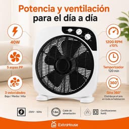 Tafelventilator 30,5 cm – 40 W – 3 Snelheden – 360° Draaibaar – Timer 120 Min – Wit/Zwart — thumbnail 3