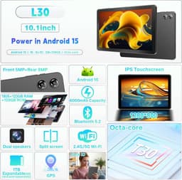 SnelShoppen - Tablet 10 Inch met 18GB RAM + 128GB ROM, Android 15, Octa-Core T30, WiFi 5, 1TB Expandable, 6000mAh, Dual Camera, GPS — thumbnail 2