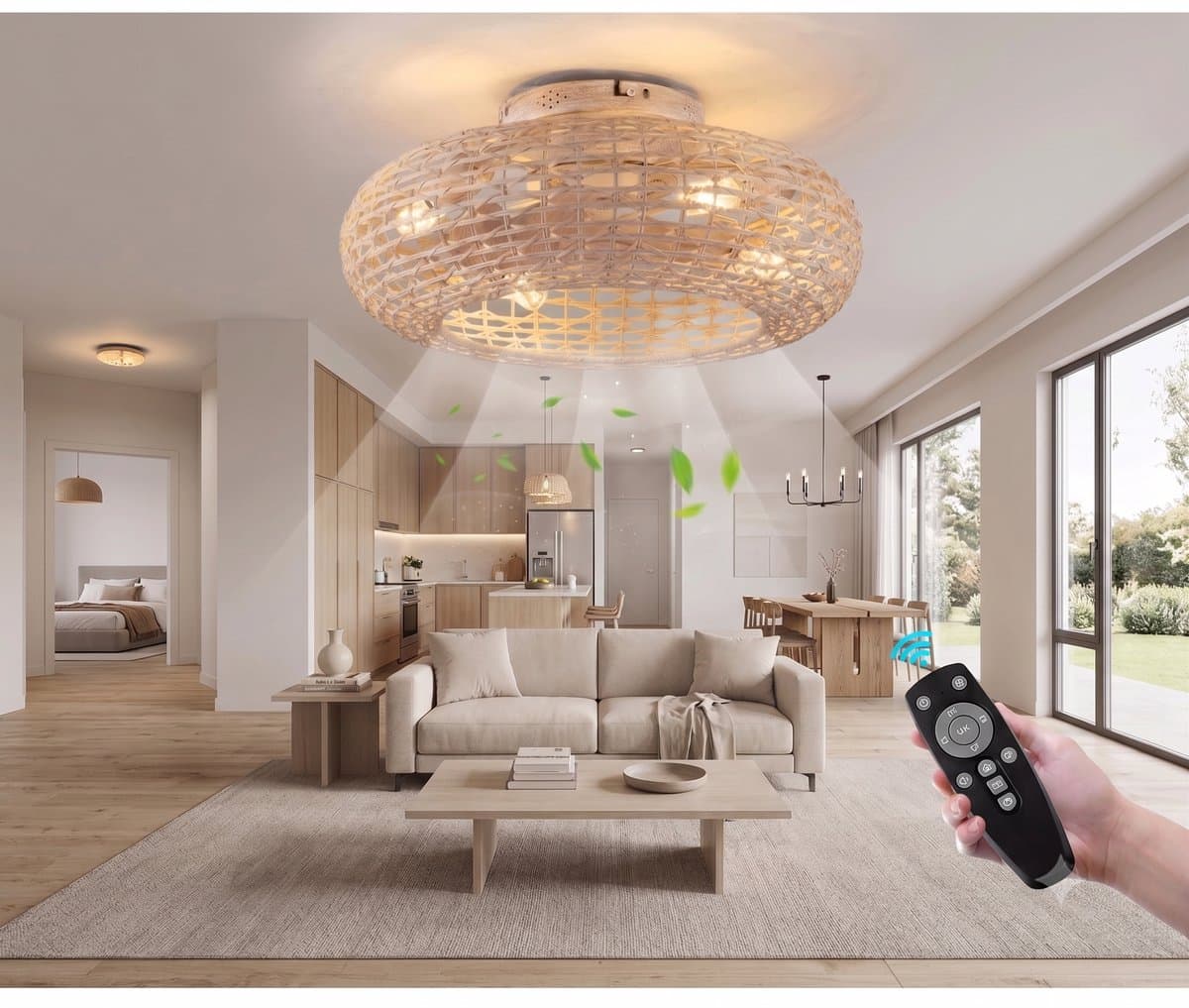 Retro Plafondventilator met Verlichting & Afstandsbediening – Bamboe & Rotan Design [Energieklasse D] — afbeelding 1