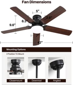 OKWISH Plafondventilator Met Verlichting 106 Cm - Stil Gelijkstroommotor Met Afstandsbediening En Timer - Voor Slaapkamer En Woonkamer - MDF - Zwart — thumbnail 2