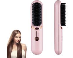 kam, draadloze stijlborstel, draagbaar en praktisch voor op reis, oplaadbaar via USB, 5400 mAh, negatieve ionen, verwarming, voor vrouwen en mannen (roze)