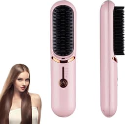 kam, draadloze stijlborstel, draagbaar en praktisch voor op reis, oplaadbaar via USB, 5400 mAh, negatieve ionen, verwarming, voor vrouwen en mannen (roze) — thumbnail 1