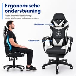 Boncy® Gaming Stoel - Comfortabele Gamestoel met Voetsteun - Game Chair Verstelbaar in Hoogte - 170° Verstelbare Rugleuning - Wit / Zwart — thumbnail 5