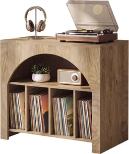 Tribesigns Platenspeler Meubel - 80 x 40 x 70 cm - Platenspeler-Standaard - Houten Vinyl Platentafel met Ruimte voor Meer dan 370 Albums, Industriële Platenspelerstandaard voor Woonkamer, Slaapkamer, Studio, Bruin — thumbnail 1