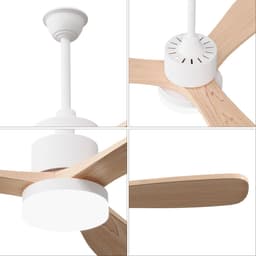 Plafondventilator met lamp - Diameter 106.6 cm - LED dimbaar & 6 snelheden - Massief houten bladen - Modern - Natuurlijk hout en Wit — thumbnail 4