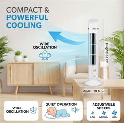 Bladeloze torenventilator, stille bureauventilator met 90°-oscillatie en verlichting, mini-verticale koelventilator/USB-tafelventilator voor thuis en op kantoor (wit) — thumbnail 2