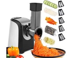 Elektrische Groentesnijder - Keukenmachine Raspen - Snel Groenten Snijden - 5-in-1 Kegelmessen - 150 Watt Motor - Zilver Zwart