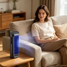 Ulisem - Tafeltorenventilator - 3000mAh oplaadbaar - 3 snelheden - Met telefoonhouder - Liggend en staand gebruik - Draagbaar en lichtgewicht - Voor kantoor en reizen - Zwart — thumbnail 2