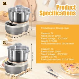 Deegmachine Elektrisch - Deegbereider Mixer - Brood Pizza Maken - Automatisch Kneedt - 5 Liter - Zilver — thumbnail 2