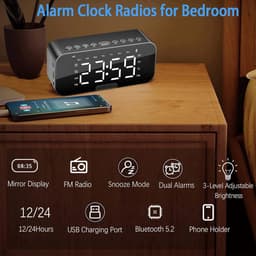 Bedside Alarm Clock, Alarm Clock Radio with Bluetooth Speakers, Digital Alarm Clock for Bedroom, Portable Mirror Alarm Clock with Dual Alarm, Snooze, LED Display, 3 Levels Adjustable Dimmable, USB Rechargeable — thumbnail 3