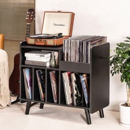 Platenspeler Tafel - Platenspeler Standaard - Vinyl Opbergkast voor 350+ Elpees - Retro Platenkast Mid-Century Modern - Vinyl Storage Meubel met Verstelbare Plank - Audiomeubel & Platenspeler Meubel - Platenhouder - Zwart — thumbnail 2