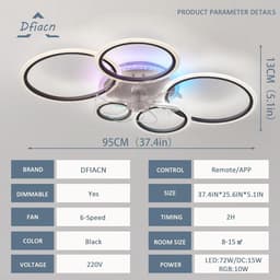 LuxiLamps - 5 Ringen Plafondventilator - RGB - 6 Snelheden - Zwart - Dimbaar Met Afstandsbediening - 12 Kleuren - Moderne Cirkel Ventilator Licht — thumbnail 5