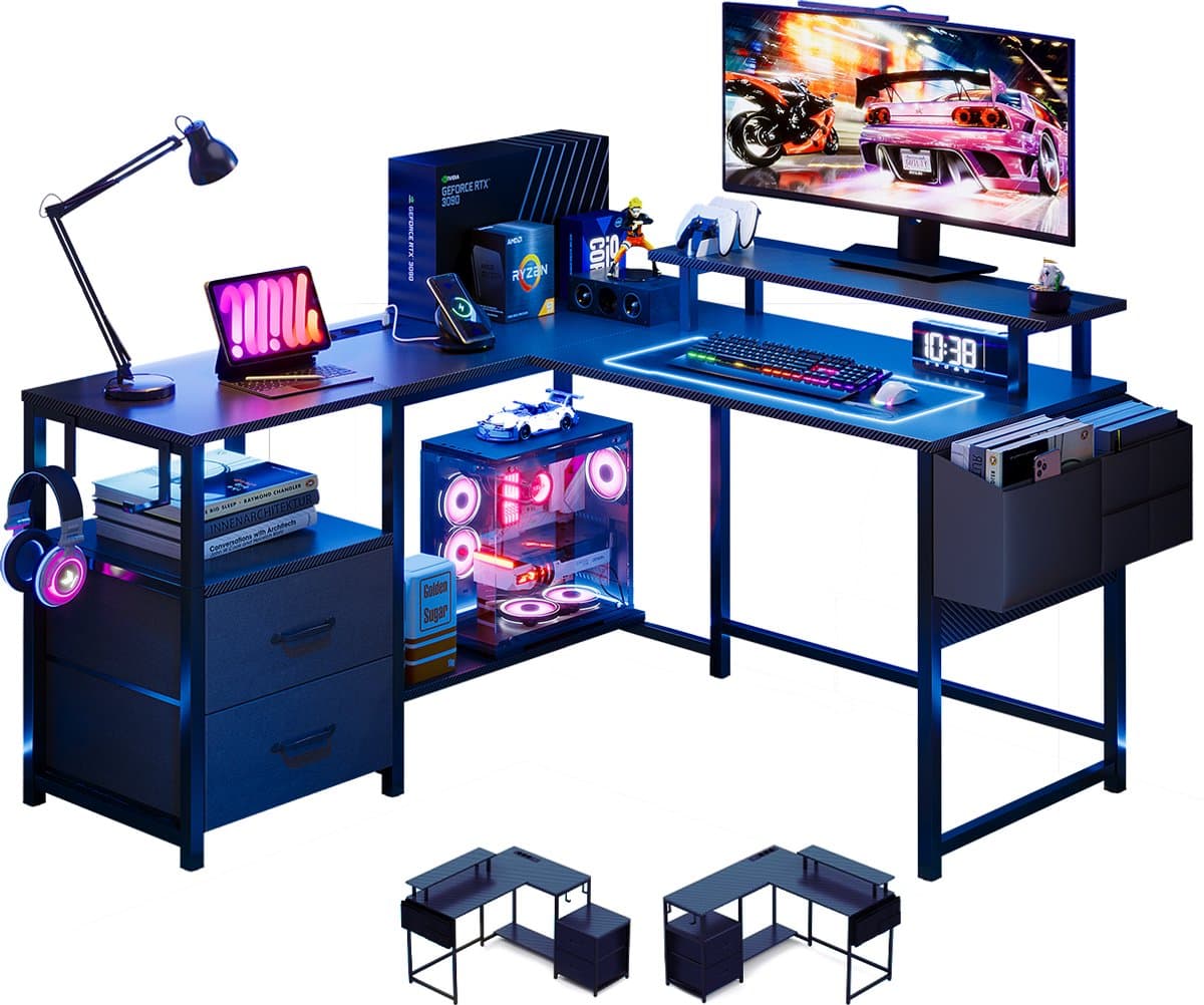 Gaming Bureau met LED Verlichting - 120x120x75cm - L-Vormig Game Bureau met Stopcontact - 2 Non Woven Lade - Gaming Desk - Computer Tafel - Gaming Tafel - Bureau voor Gamen, Studeren en Werken - Zwart — afbeelding 1