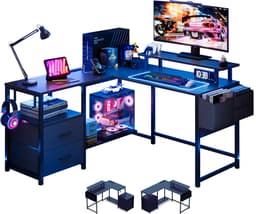 Gaming Bureau met LED Verlichting - 120x120x75cm - L-Vormig Game Bureau met Stopcontact - 2 Non Woven Lade - Gaming Desk - Computer Tafel - Gaming Tafel - Bureau voor Gamen, Studeren en Werken - Zwart — thumbnail 1