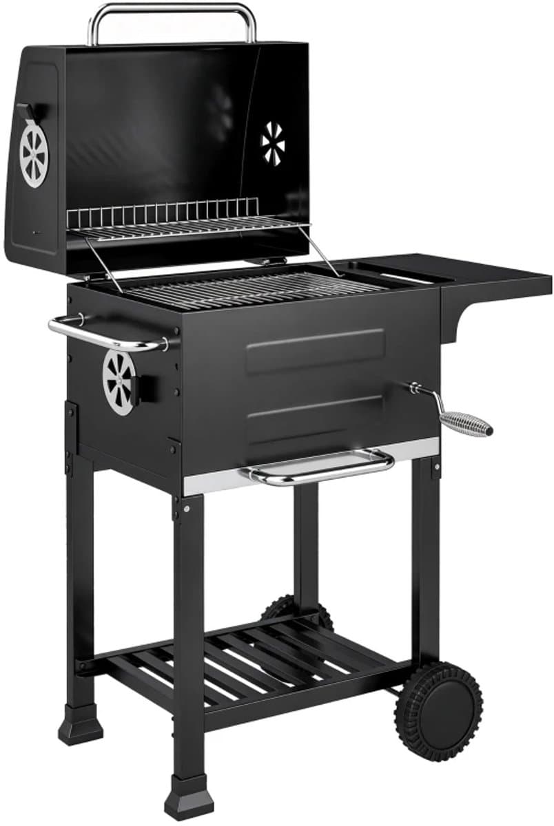 Premie Houtskool Barbecue - Compacte Smoker Barbecue - Barbecuegrill - Grillwagen - Houtskoolgrill met Deksel, Bijzettafel, Deksel, Thermometer, Planken - Verplaatsbaar - BBQ voor buiten, tuin - Zwart — afbeelding 1