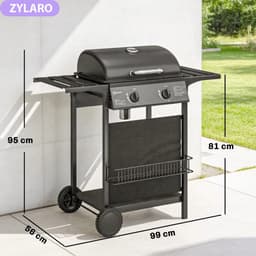 Gasbarbecue - Gasbarbecue en grill - 2 Branders - 5 kW - Grillwagen - Barbecuewagen - met Grillrooster, Wielen, Bijzettafels, Thermometer, Opvangbak en Warmhoudplaten - 99 x 56 x 95 cm - Zwart — thumbnail 2
