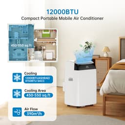 Mobiele airco 12000 BTU 4-in-1 – 45L/dag – Follow-me modus – Tot 51 m² – Stil <53 dB – Afstandsbediening – 24U timer – Slang inbegrepen — thumbnail 5