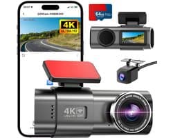 KAD® Dual Dashcam voor Auto - 4k Dashcam - Draadloos met Wi-Fi & App - Zwart - 4cm x 10cm x 5cm