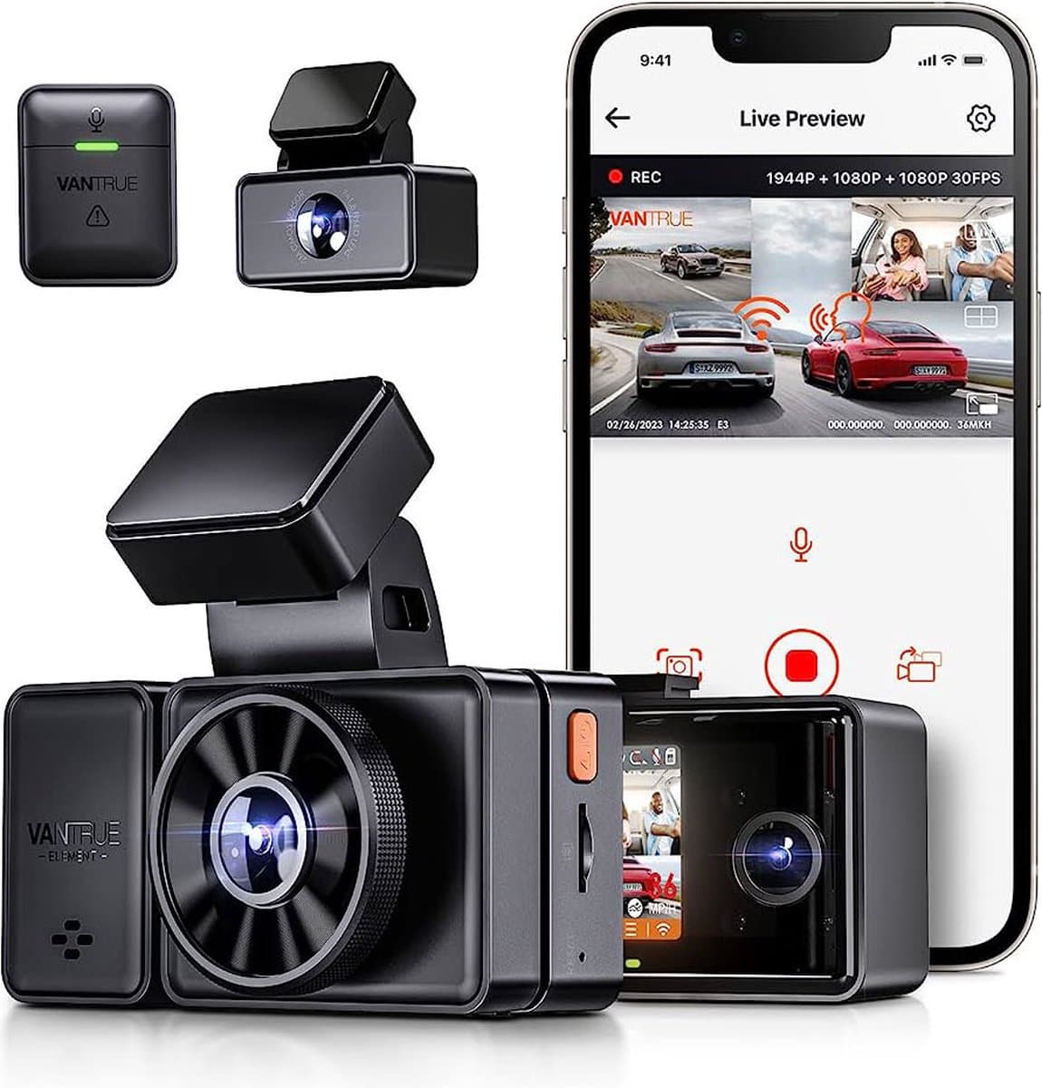 Vantrue E3 Triple 3CH 2K QuadHD Wifi GPS dashcam voor auto — afbeelding 1