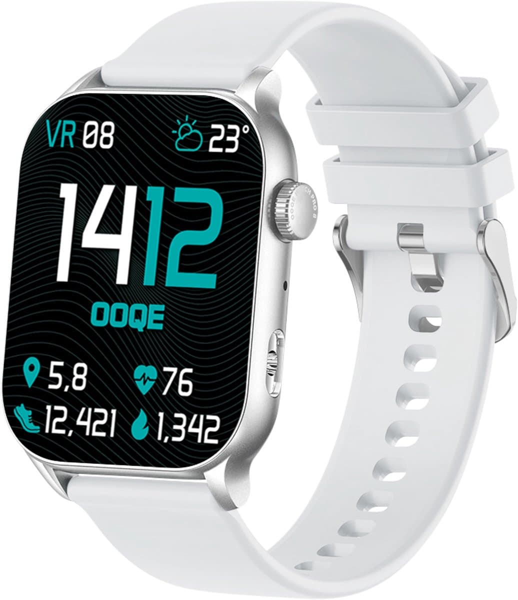 OOQE WATCH PRO 8 - Smartwatch Heren en Dames | Geschikt voor iOS en Android | AMOLED | Notificaties | Gezondheidsanalyse | Sportanalyse | GPS Koppeling | Bellen | Muziek/Audio Luisteren | Ergonomisch | Nederlandstalig | Wit — afbeelding 1