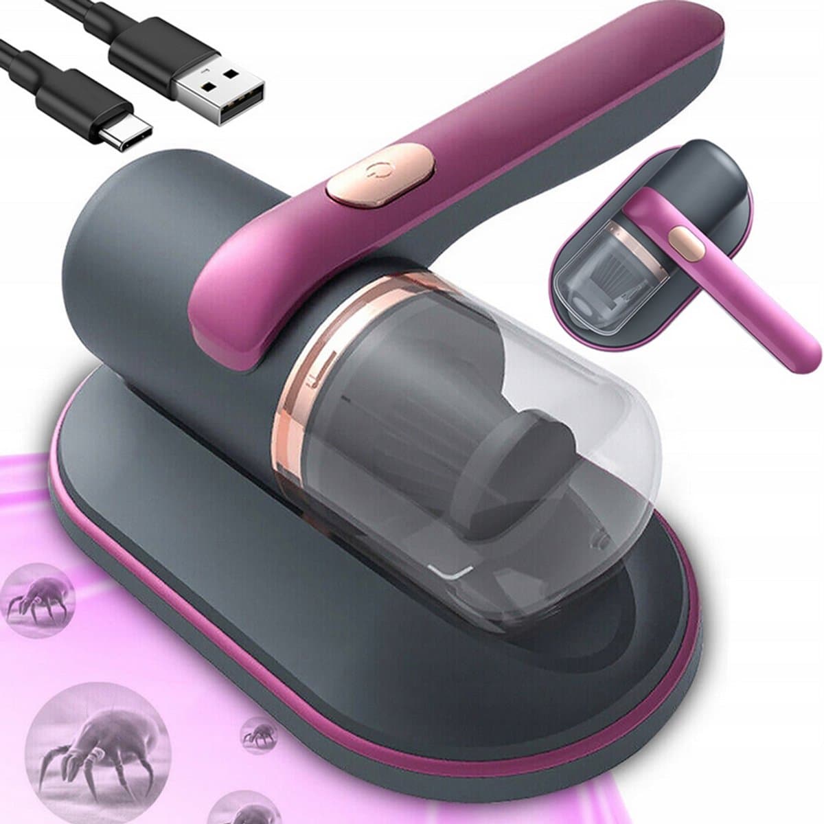 Huisstofmijt Stofzuiger - UV Lamp Sterilisator - Reiniger - Bank & Matras - Tapijt - Meubel & Zetel - Bacterie, Mijt & Schimmel Bestrijder - Zonder Zak - USB-C Opladen - Paars/Grijs — afbeelding 1