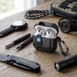 Zwart robuust hoesje voor oordopjes met carbon look geschikt voor AirPods 4 inclusief schoonmaakset en karabijnhaak – schokbestendig en duurzaam — thumbnail 2