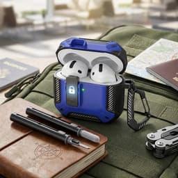 Blauw robuust hoesje voor oordopjes met carbon look geschikt voor AirPods 4 inclusief schoonmaakset en karabijnhaak – schokbestendig en duurzaam — thumbnail 2