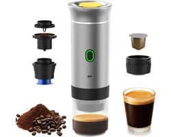 Draagbaar Koffiezetapparaat - 60ml - Capsule Koffie - 12V 6A 72W - Gemalen Koffie - Oplaadbaar - Cups - Auto en Camping - Snelle Verwarming voor Kantoor, Reizen, Camping, Thuis - Zilver