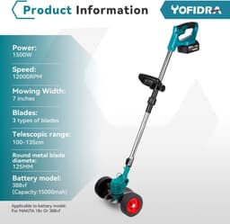 Yofidra - Grasmaaier elektrisch - Grasmaaier accu - Grastrimmer - Opvouwbaar - Draadloos - 2x Makita 18V batterij - lichtblauw — thumbnail 5