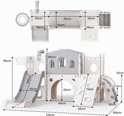 Kinderslide met Ladder, Platform, Kruiptunnel, Klimhelling, Basketbalring & Speelgoedtelescoop, Binnen en Buiten Speelset voor Peuters en Kleuters(Grijs) — thumbnail 4