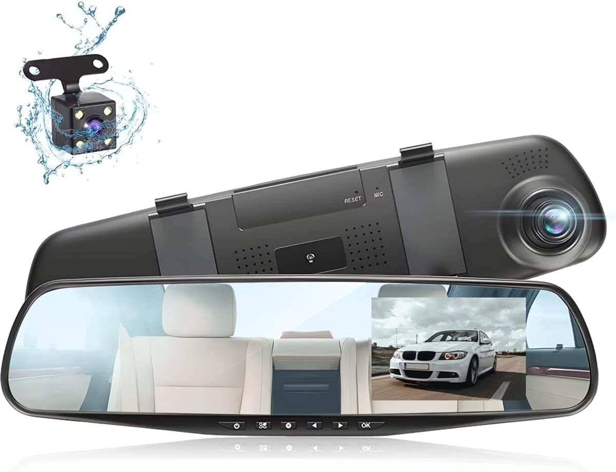 Dashcam 4,3 inch 1080P met voor- en achteruitrijcamera, achteruitkijkspiegelcamera met 7 m kabel, G-sensor, loop recording, parkeermodus en ondersteuning voor microSD-kaart — afbeelding 1