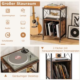 COSTWAY Platenstandaard met geïntegreerd laadstation, record player stand, bijzettafel hout, platenspeler standaard voor vinyl, bruin records, rek voor woonkamer, slaapkamer, 45 x 50 x 82 cm — thumbnail 3